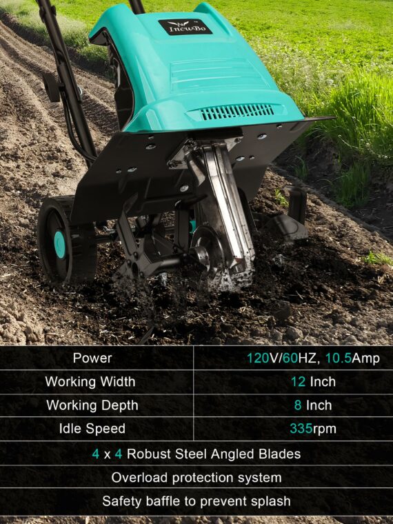 Incwbo 10.5-Amp Electric Garden Tiller, 12-Inch Width, 8-Inch Depth, with Overload Protection