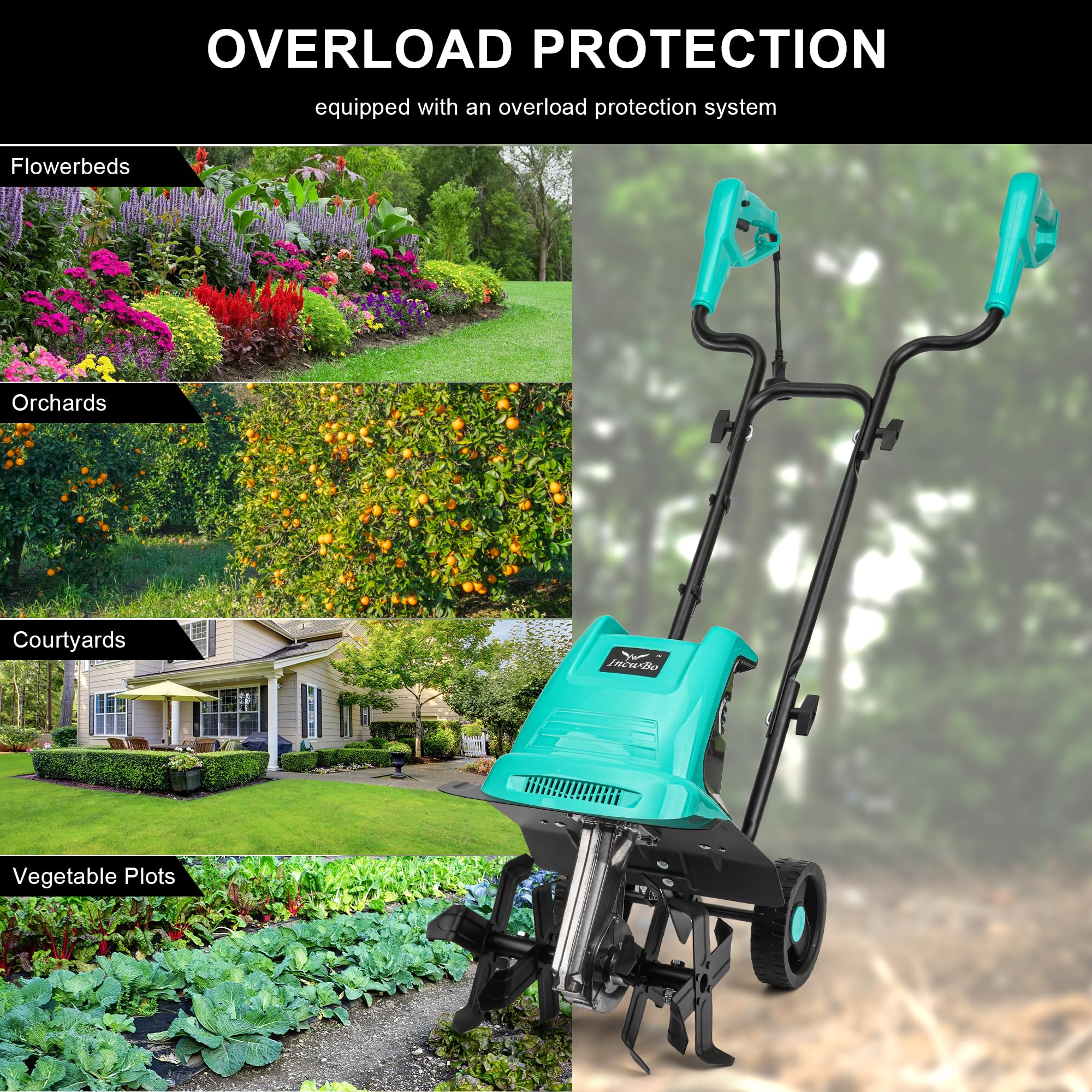 Incwbo 10.5-Amp Electric Garden Tiller, 12-Inch Width, 8-Inch Depth, with Overload Protection