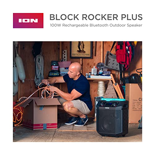 Ion Block Rocker Plus Portable Bluetooth Speaker 100W, Black, Karaoke Mic, AM/FM Radio, Wheels & Handle, USB Charging
