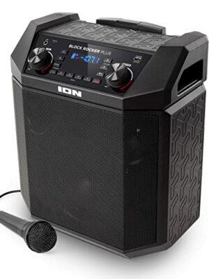 Ion Block Rocker Plus Portable Bluetooth Speaker 100W, Karaoke Mic, AM/FM Radio, Wheels, USB Charging, Black
