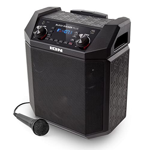 Ion Block Rocker Plus Portable Bluetooth Speaker 100W, Karaoke Mic, AM/FM Radio, Wheels, USB Charging, Black