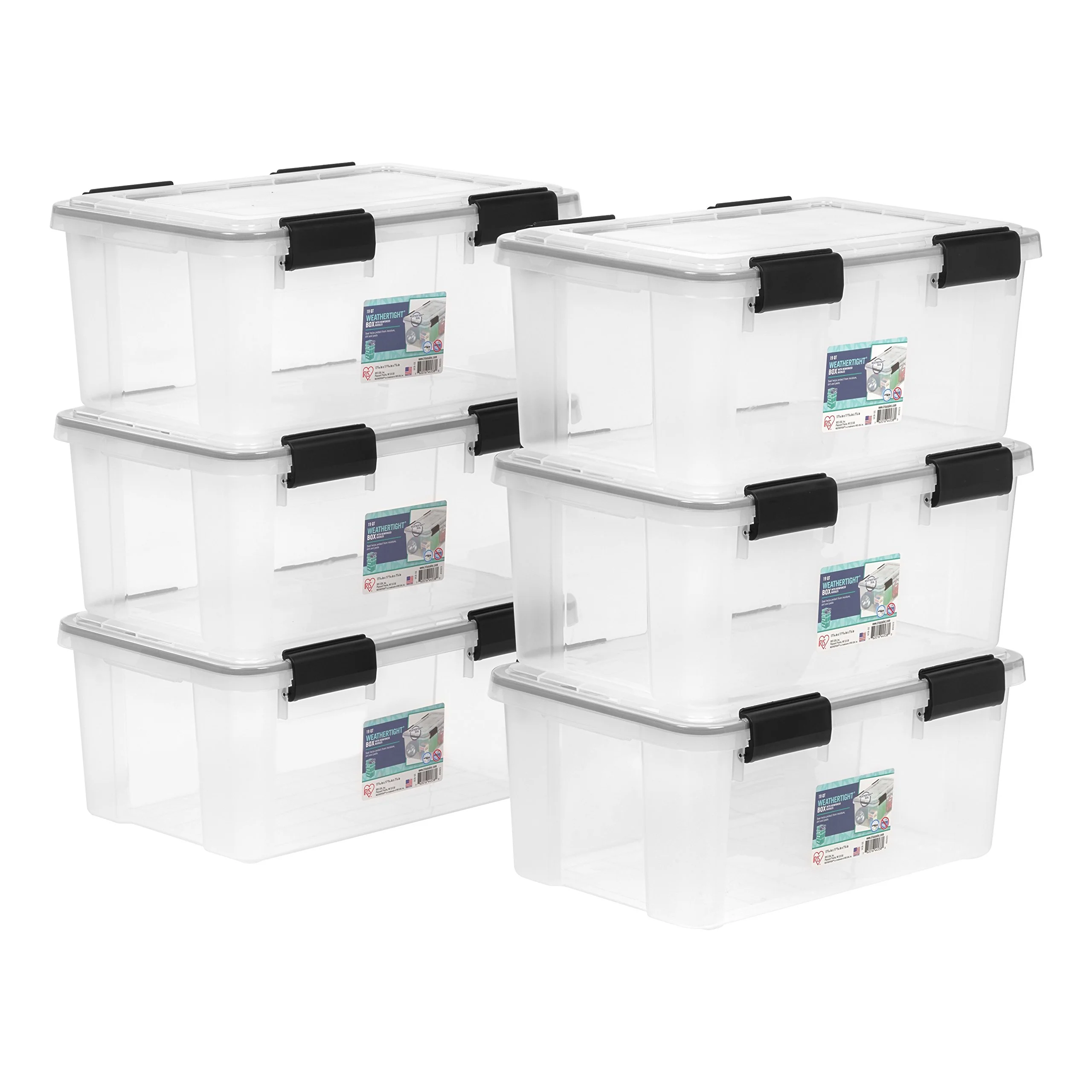 IRIS USA WeatherPro 19 Qt Storage Bins 6 Pack with Lids, Weatherproof Seal, Stackable, BPA-Free