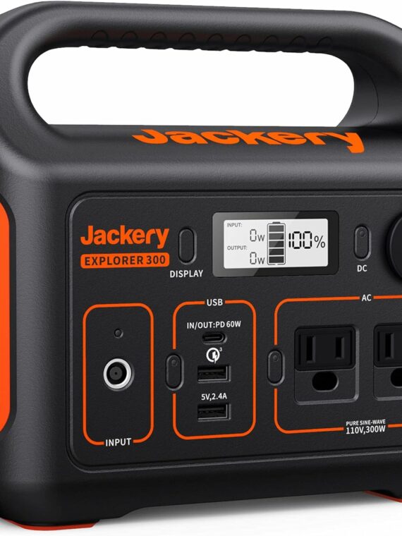 Jackery Explorer 300 Portable Power Station, 293Wh Lithium Battery, 300W Output, Dual AC Outlets, USB-C Fast Charging, Solar-Compatible
