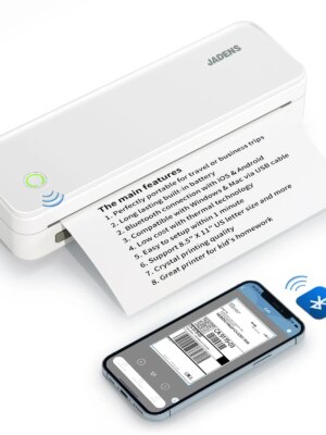 JADENS Portable Bluetooth Thermal Printer, Wireless, Ink-Free, Long Battery, Adjustable Sizes, Travel-Friendly