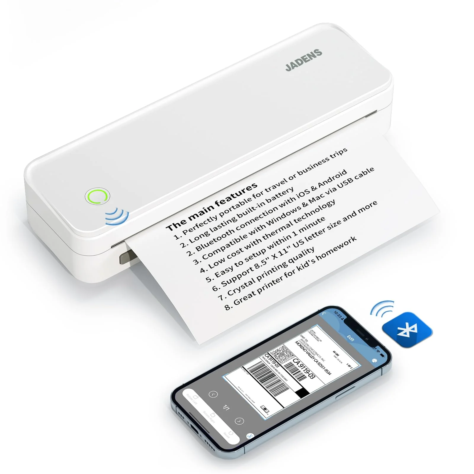 JADENS Portable Bluetooth Thermal Printer, Wireless, Ink-Free, Long Battery, Adjustable Sizes, Travel-Friendly