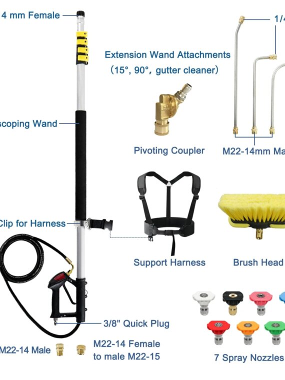 JANZ 24 FT Pressure Washer Telescoping Wand, Adjustable Aluminum Extension with 7 Nozzles, 4000 PSI Compatible