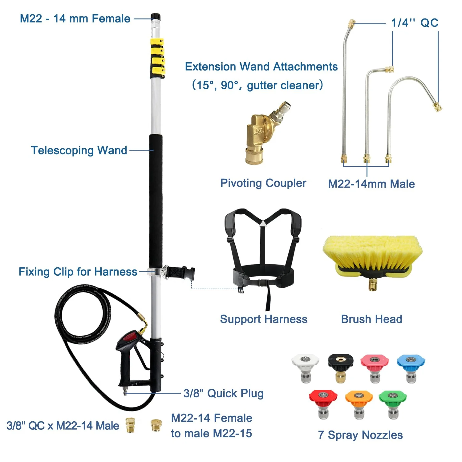 JANZ 24 FT Pressure Washer Telescoping Wand, Adjustable Aluminum Extension with 7 Nozzles, 4000 PSI Compatible