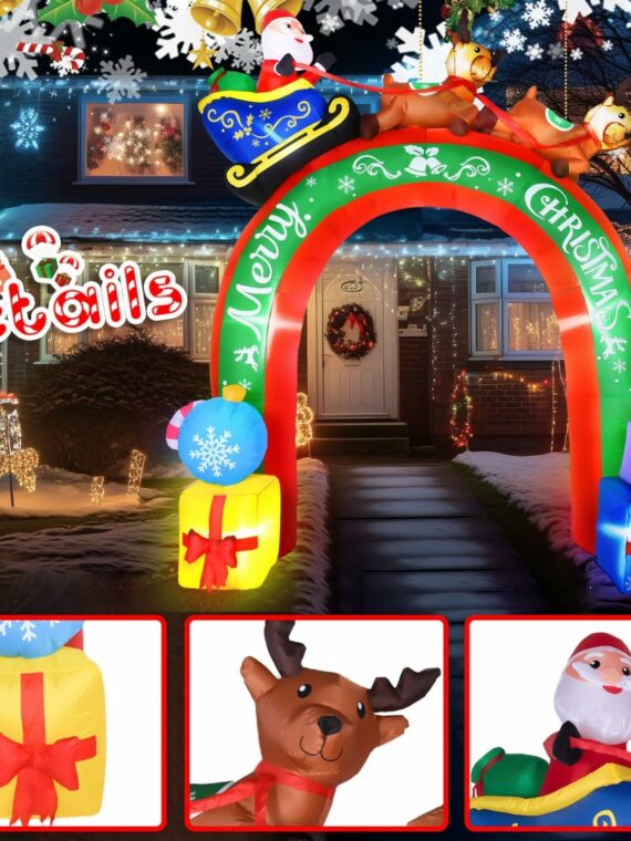 JETEHO 10 FT Christmas Inflatable Archway with Santa & Reindeers, LED Lights, Outdoor Holiday Yard Decoration