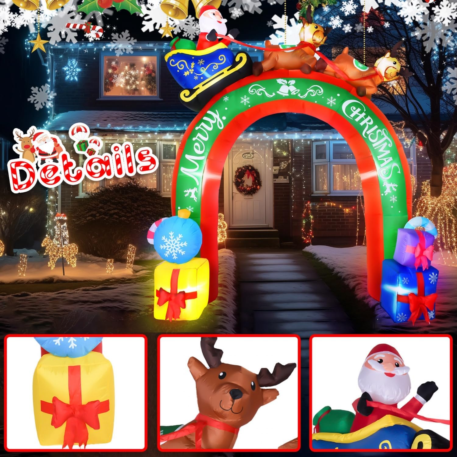 JETEHO 10 FT Christmas Inflatable Archway with Santa & Reindeers, LED Lights, Outdoor Holiday Yard Decoration