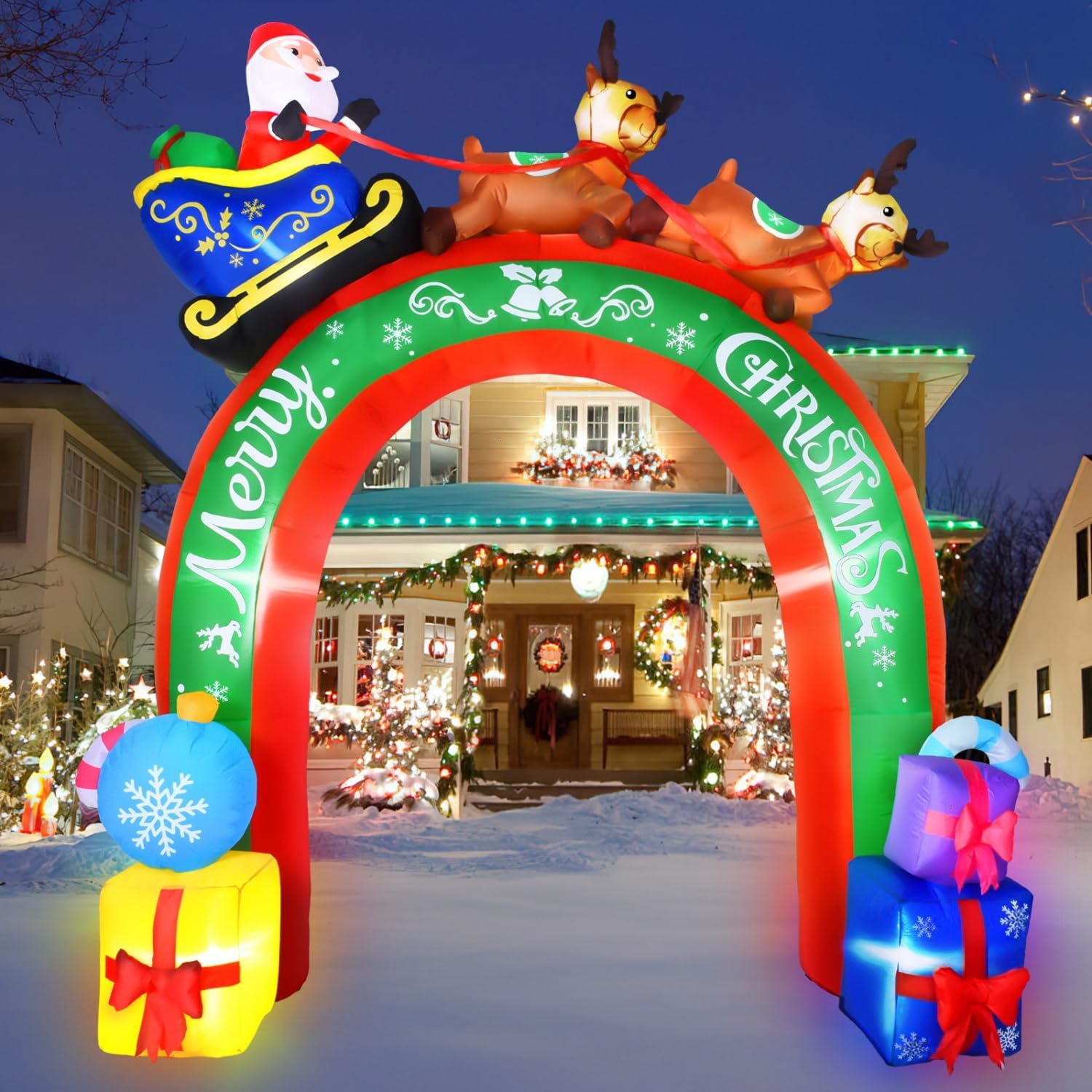 JETEHO 10 FT Christmas Inflatable Archway with Santa & Reindeers, LED Lights, Outdoor Holiday Yard Decoration