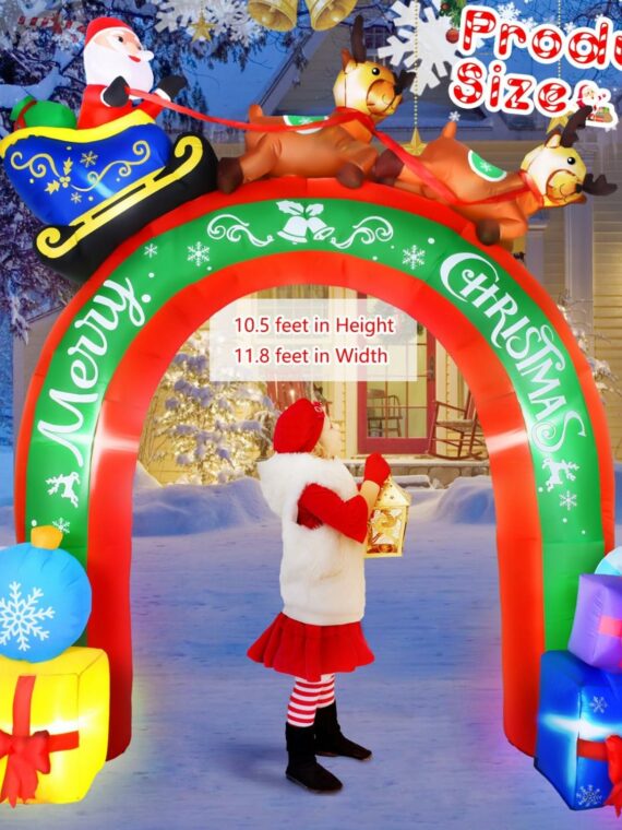 JETEHO 10 FT Christmas Inflatable Archway with Santa & Reindeers, LED Lights, Outdoor Holiday Yard Decoration