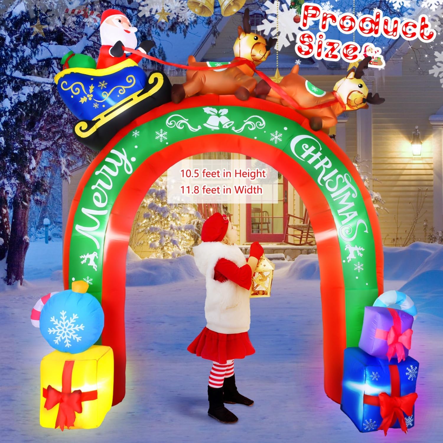 JETEHO 10 FT Christmas Inflatable Archway with Santa & Reindeers, LED Lights, Outdoor Holiday Yard Decoration