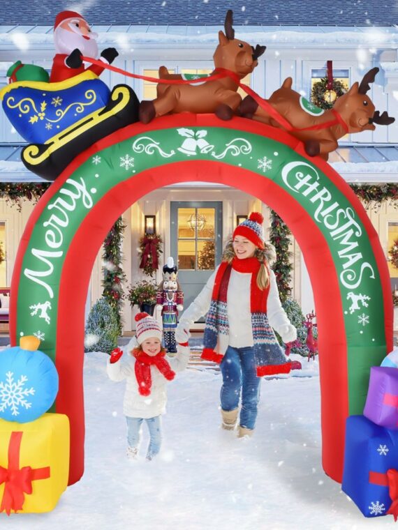 JETEHO 10 FT Christmas Inflatable Archway with Santa & Reindeers, LED Lights, Outdoor Holiday Yard Decoration
