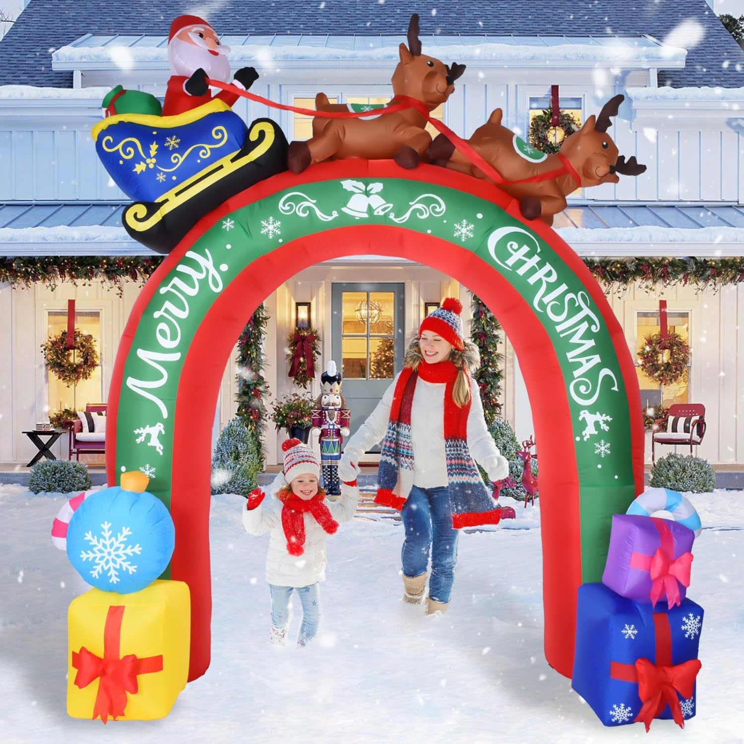 JETEHO 10 FT Christmas Inflatable Archway with Santa & Reindeers, LED Lights, Outdoor Holiday Yard Decoration