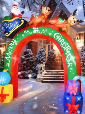 JETEHO 10 FT Christmas Inflatable Archway with Santa & Reindeers, LED Lights, Outdoor Holiday Yard Decoration