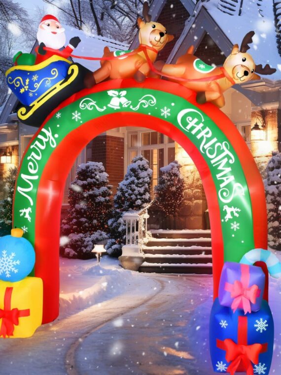JETEHO 10 FT Christmas Inflatable Archway with Santa & Reindeers, LED Lights, Outdoor Holiday Yard Decoration