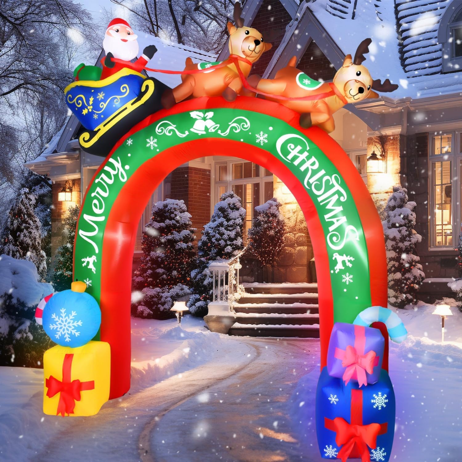 JETEHO 10 FT Christmas Inflatable Archway with Santa & Reindeers, LED Lights, Outdoor Holiday Yard Decoration