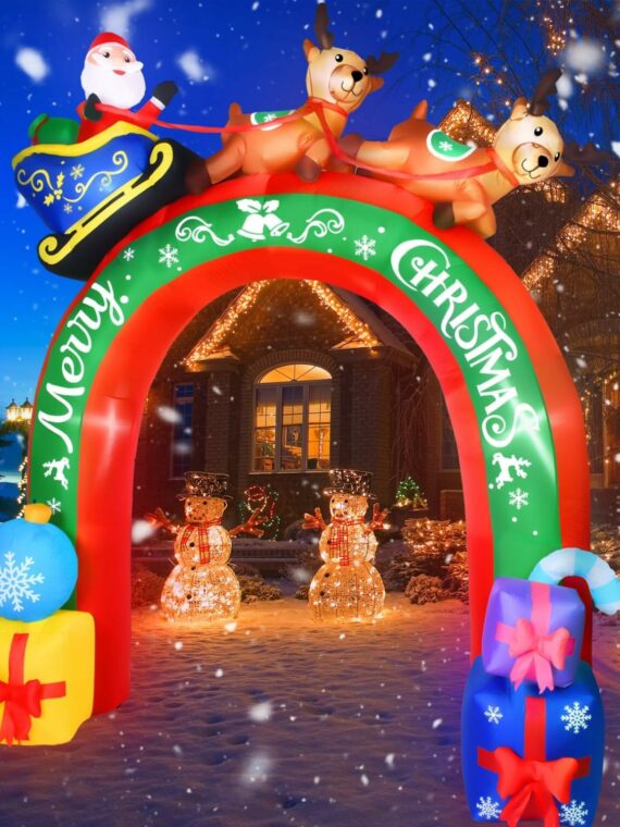 JETEHO 10 FT Christmas Inflatable Archway with Santa & Reindeers, LED Lights, Outdoor Holiday Yard Decoration