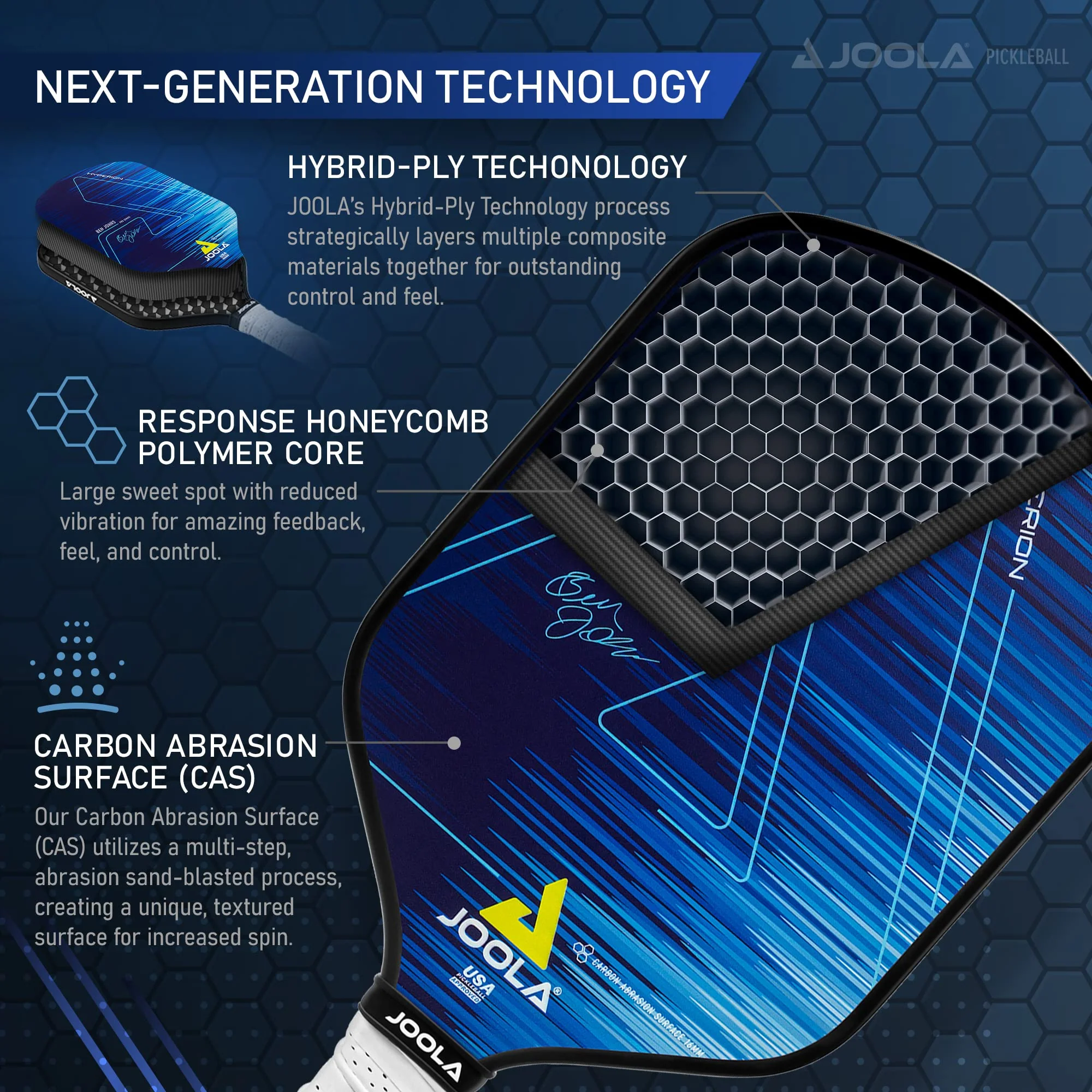 JOOLA Ben Johns Hyperion Hybrid Pickleball Paddle, CAS Surface, 16mm Core, Anti-Slip Grip