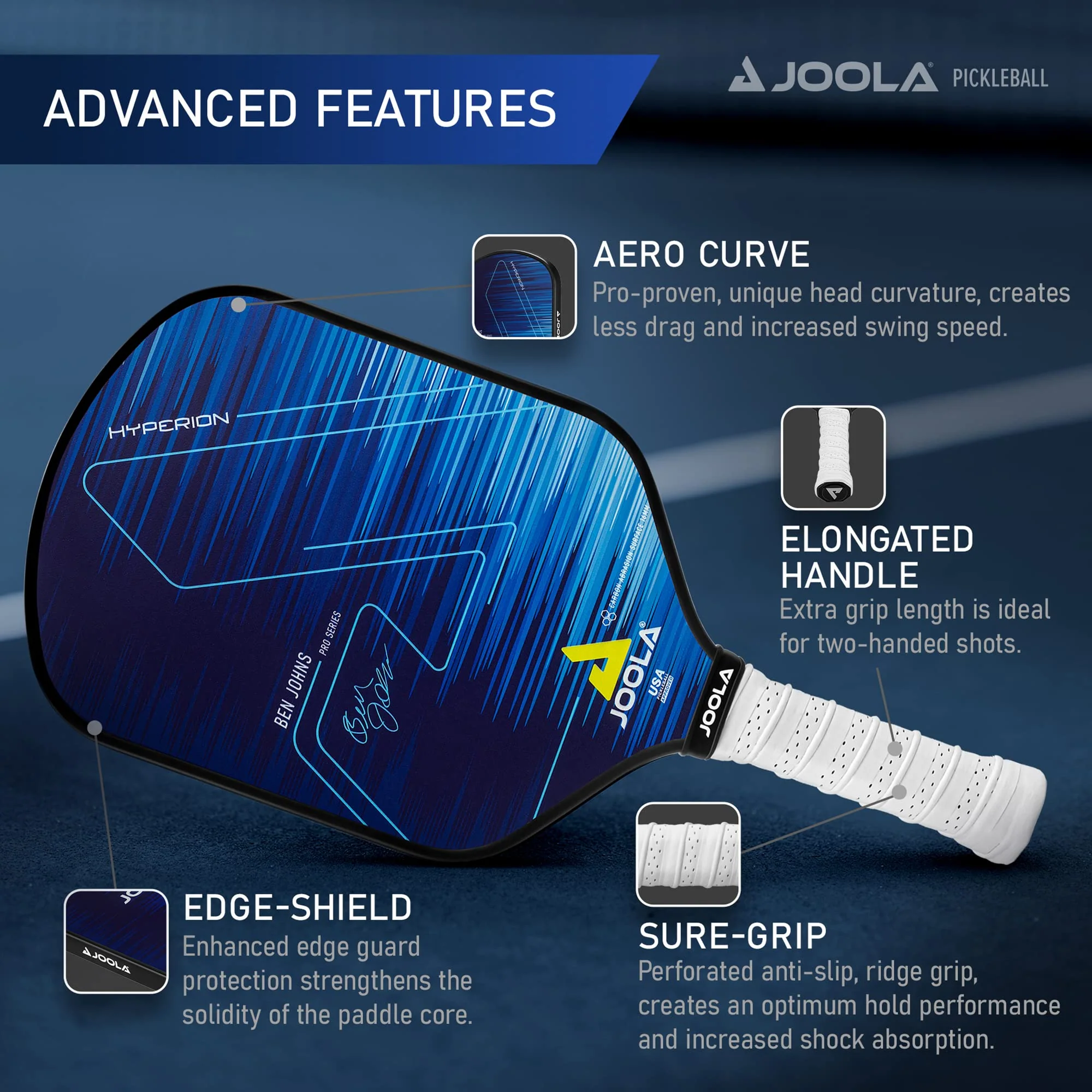 JOOLA Ben Johns Hyperion Hybrid Pickleball Paddle, CAS Surface, 16mm Core, Anti-Slip Grip