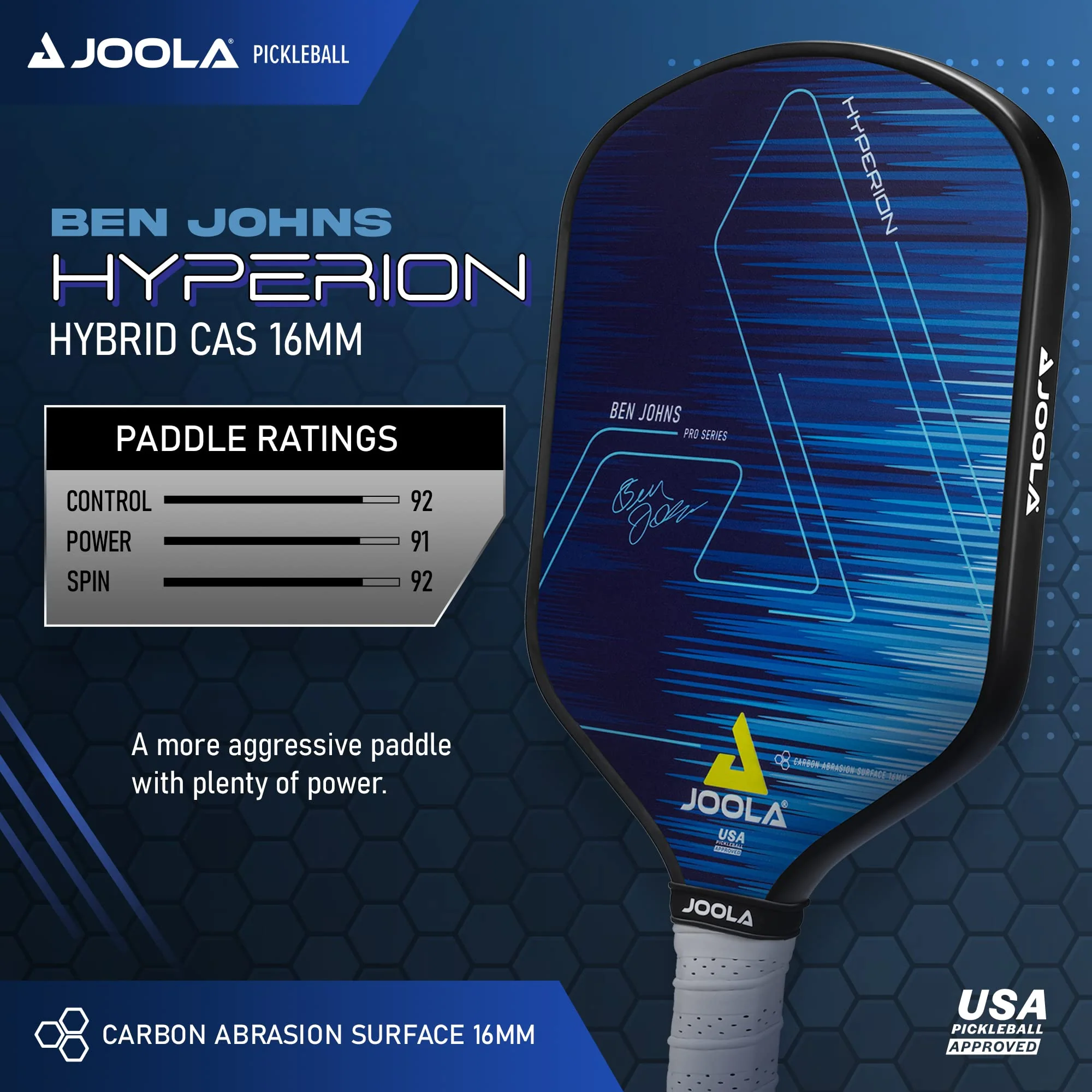 JOOLA Ben Johns Hyperion Hybrid Pickleball Paddle, CAS Surface, 16mm Core, Anti-Slip Grip