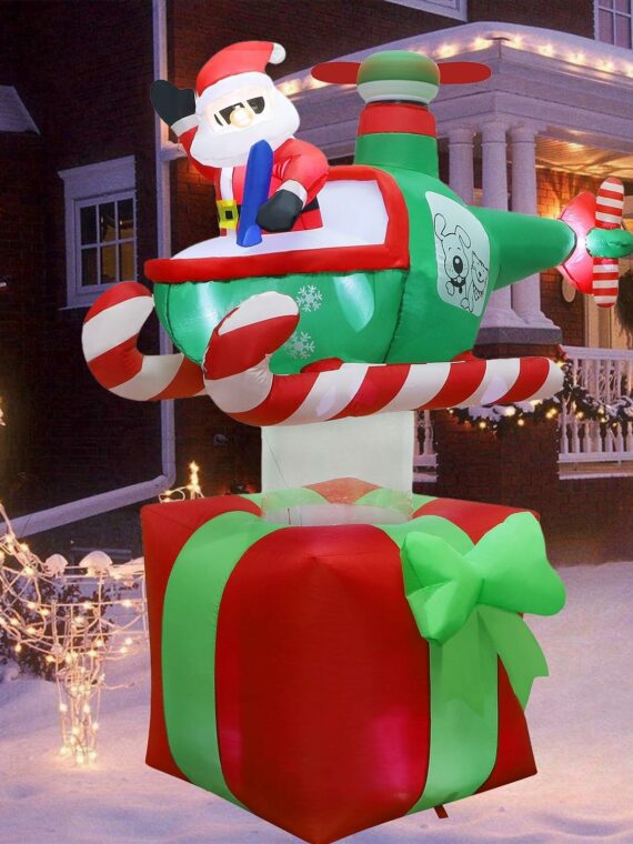 Juegoal 6FT Christmas Inflatable Santa with Helicopter, Lighted Outdoor Decoration for Lawn and Garden