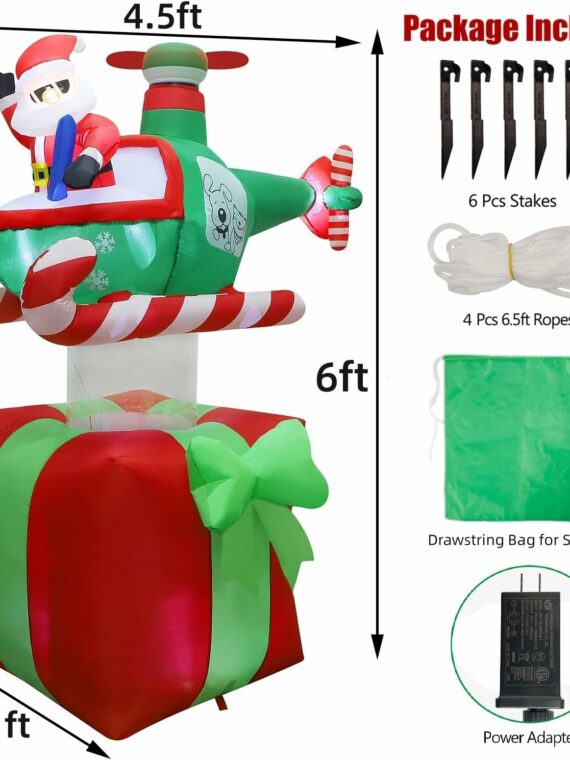 Juegoal 6FT Christmas Inflatable Santa with Helicopter, Lighted Outdoor Decoration for Lawn and Garden