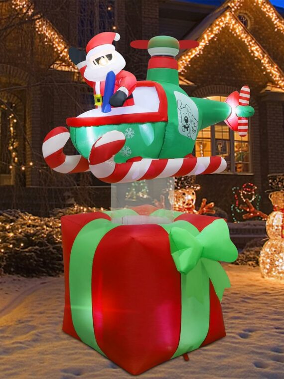 Juegoal 6FT Christmas Inflatable Santa with Helicopter, Lighted Outdoor Decoration for Lawn and Garden