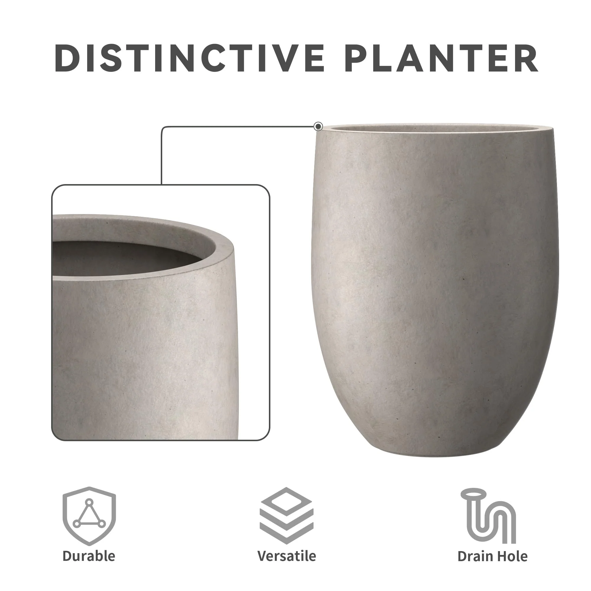 Kante 21.7" Weathered Concrete Tall Planter - Durable, Modern Design with Drainage for Indoor/Outdoor Use