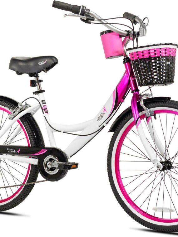 Kent Bicycles Susan G. Komen 24" Multi-Speed Cruiser Bike for Girls, Pink/White/Black, 7-Speed, Ages 12+