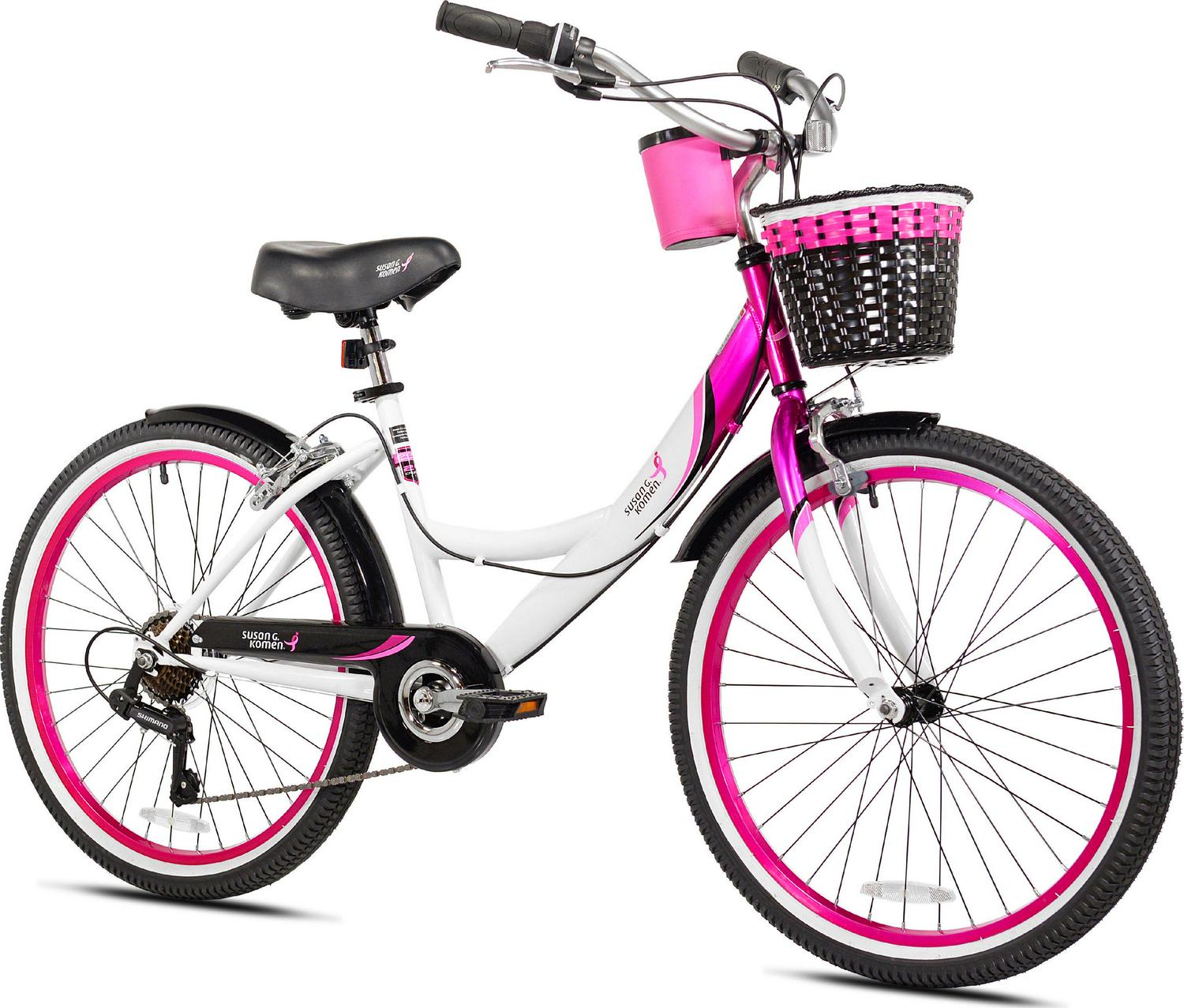 Kent Bicycles Susan G. Komen 24" Multi-Speed Cruiser Bike for Girls, Pink/White/Black, 7-Speed, Ages 12+