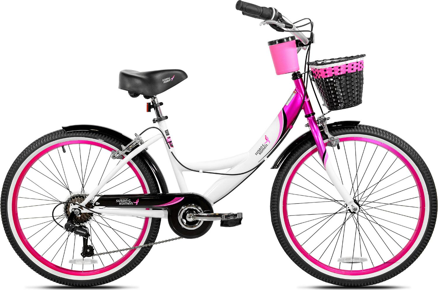 Kent Bicycles Susan G. Komen 24" Multi-Speed Cruiser Bike for Girls, Pink/White/Black, 7-Speed, Ages 12+
