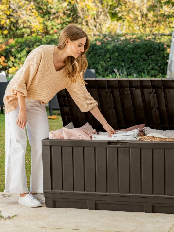 Keter Kentwood 92 Gallon Resin Deck Box - Durable Outdoor Storage & Bench Seat, Lockable Lid