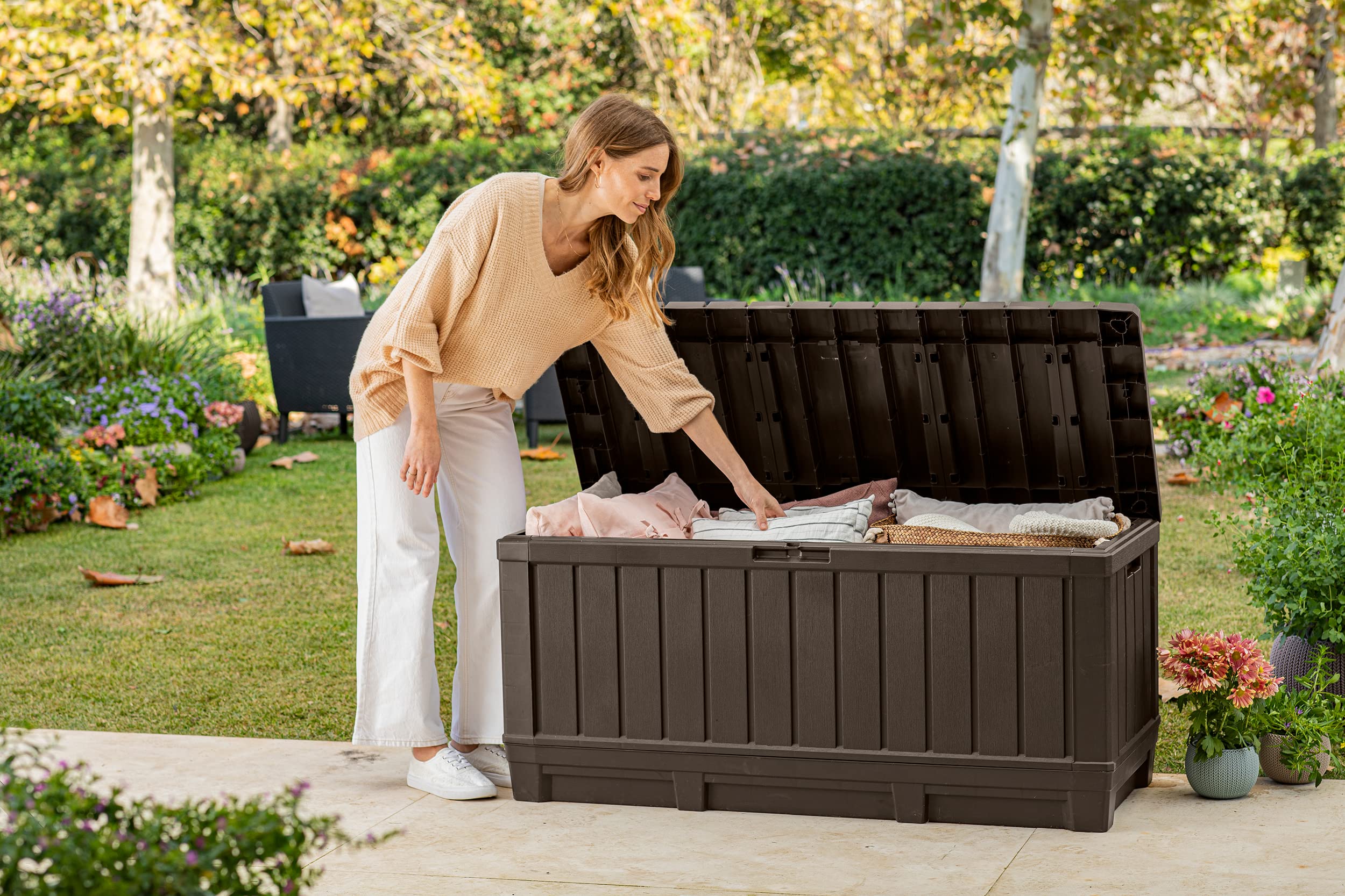 Keter Kentwood 92 Gallon Resin Deck Box, Durable Storage & Bench, Lockable Lid, Easy Assembly