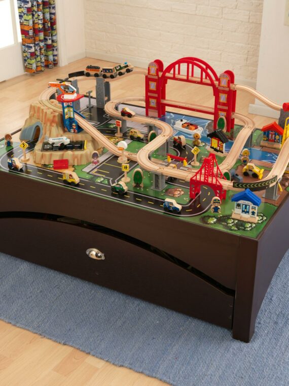 KidKraft Metropolis Wooden Train Set & Table, 100 Pieces, Storage Drawer, Espresso