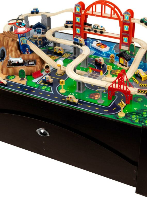 KidKraft Metropolis Wooden Train Set & Table, 100 Pieces, Storage Drawer, Espresso