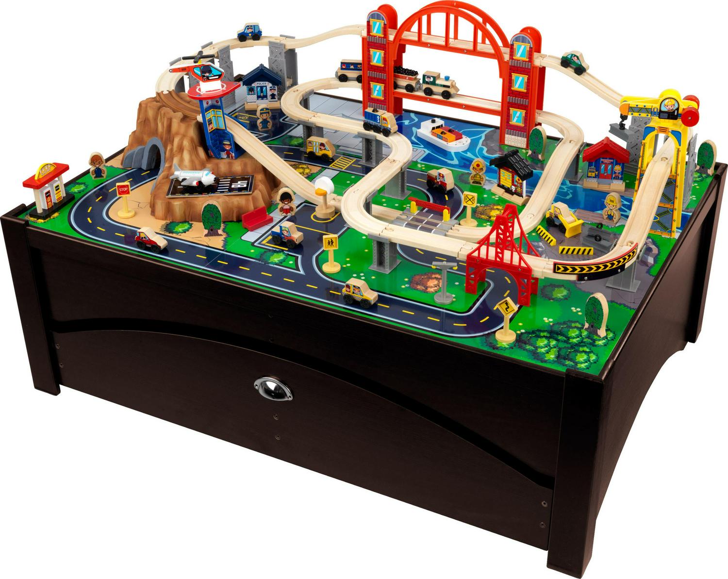 KidKraft Metropolis Wooden Train Set & Table, 100 Pieces, Storage Drawer, Espresso