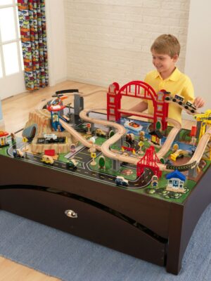 KidKraft Metropolis Wooden Train Set & Table, 100 Pieces, Storage Drawer, Espresso