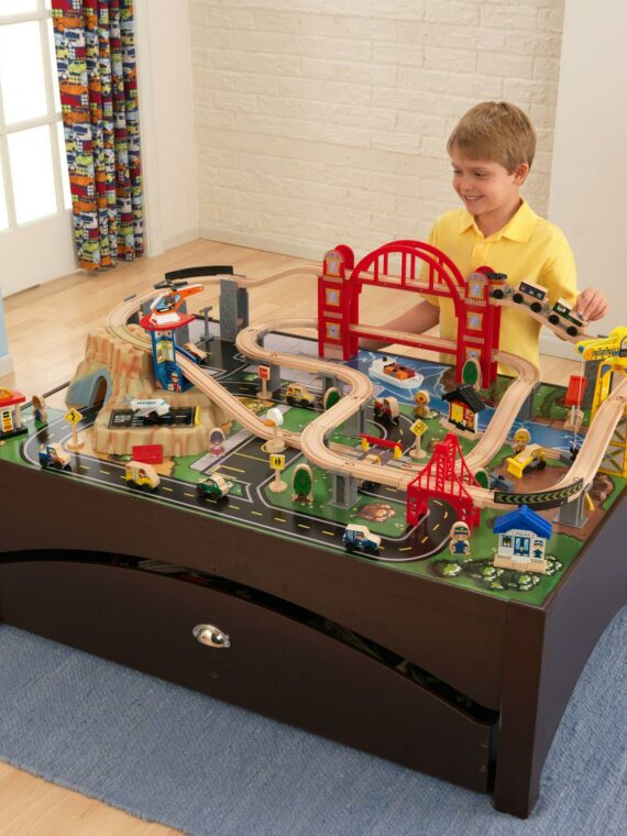KidKraft Metropolis Wooden Train Set & Table, 100 Pieces, Storage Drawer, Espresso