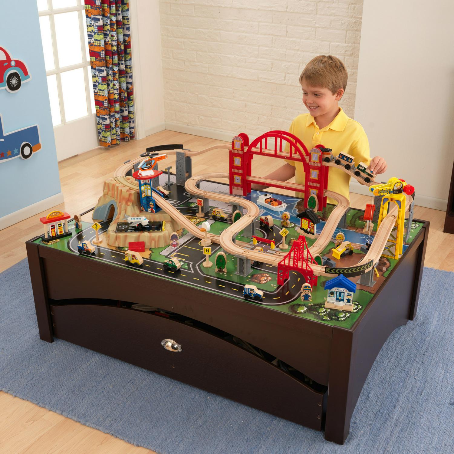 KidKraft Metropolis Wooden Train Set & Table, 100 Pieces, Storage Drawer, Espresso