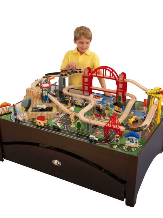 KidKraft Metropolis Wooden Train Set & Table, 100 Pieces, Storage Drawer, Espresso
