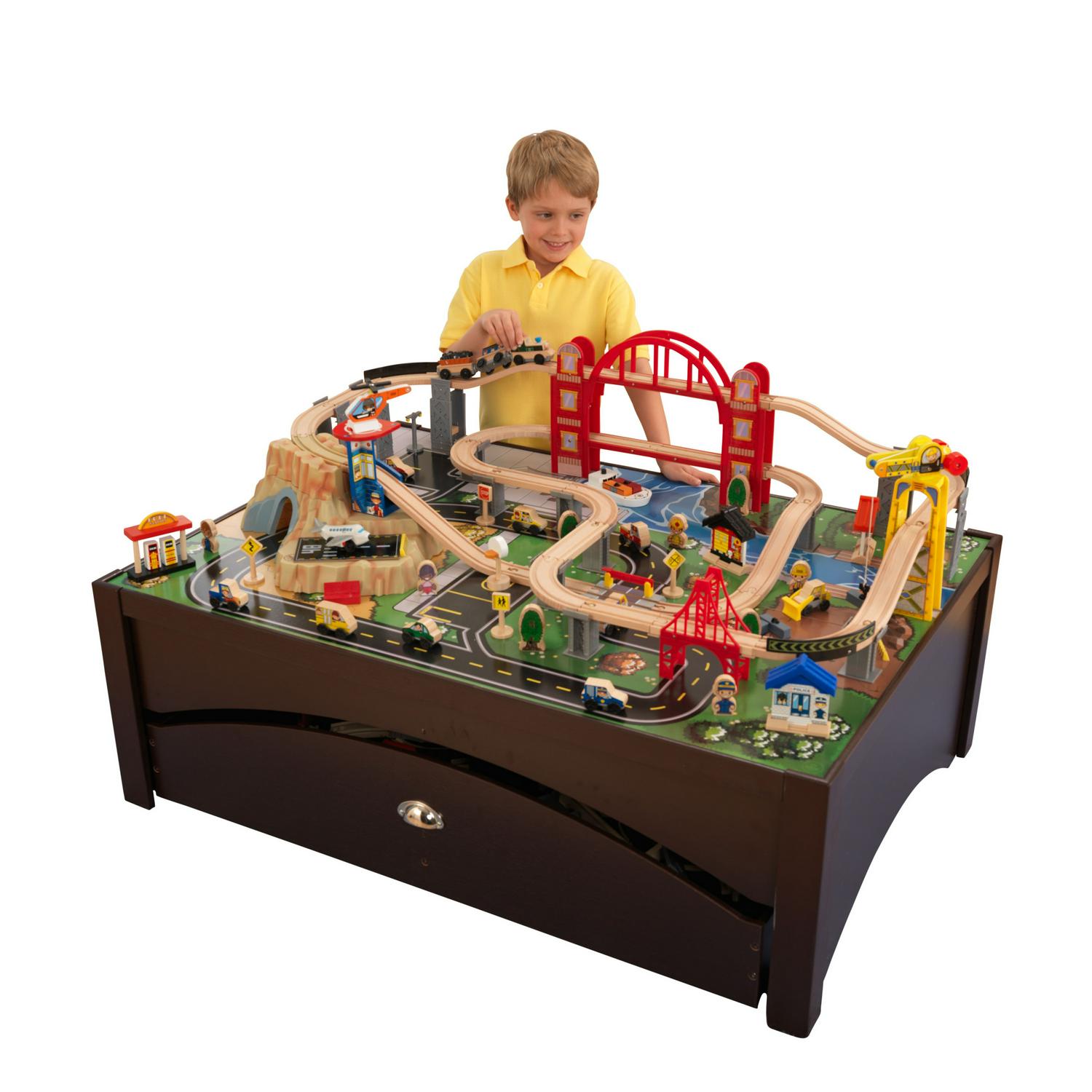 KidKraft Metropolis Wooden Train Set & Table, 100 Pieces, Storage Drawer, Espresso