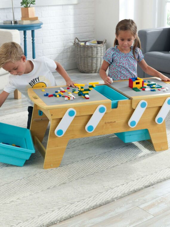 KidKraft Wooden Building Bricks Play N Store Table, Natural, Kids Activity Table with Storage, Includes 200+ Blocks, Safe Design