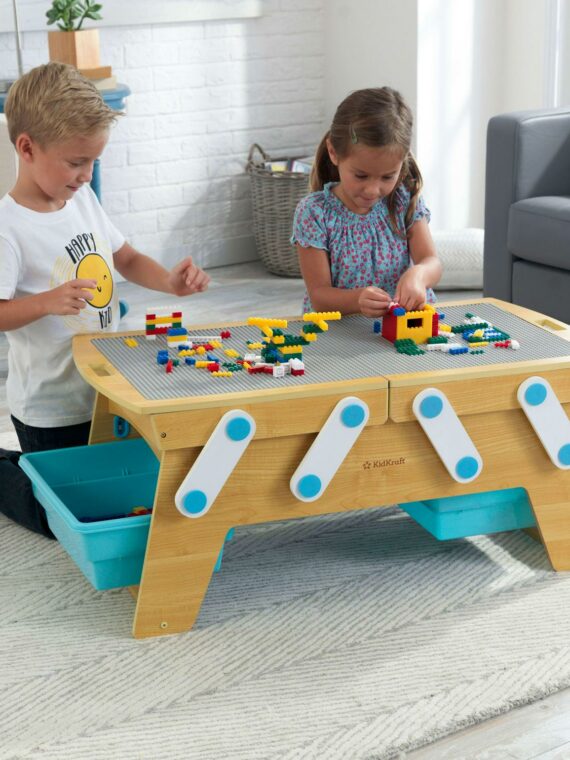 KidKraft Wooden Building Bricks Play N Store Table, Natural, Kids Activity Table with Storage, Includes 200+ Blocks, Safe Design