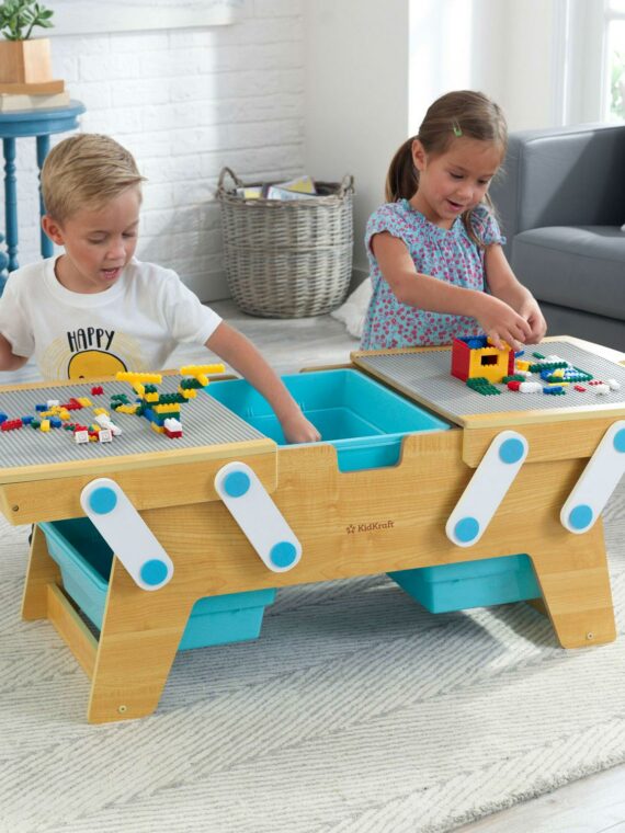 KidKraft Wooden Building Bricks Play N Store Table, Natural, Kids Activity Table with Storage, Includes 200+ Blocks, Safe Design