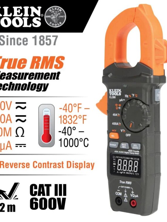 Klein Tools CL390 Digital Clamp Meter, TRMS, 400 Amp, Auto-Ranging, AC/DC, Non-Contact Voltage Tester