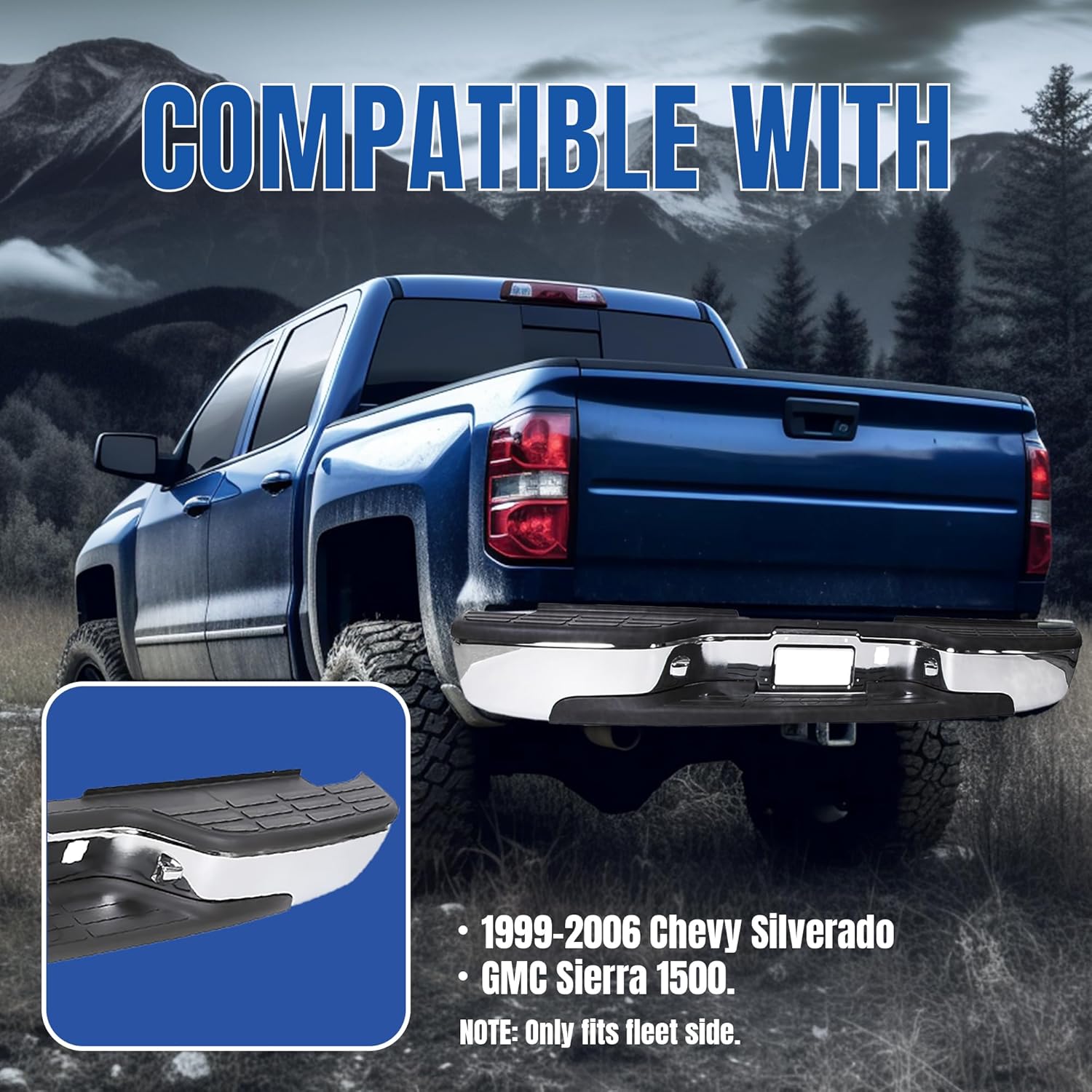 KUAFU Chrome Rear Step Bumper for 1999-2006 Chevy Silverado/GMC Sierra 1500 with License Plate Light