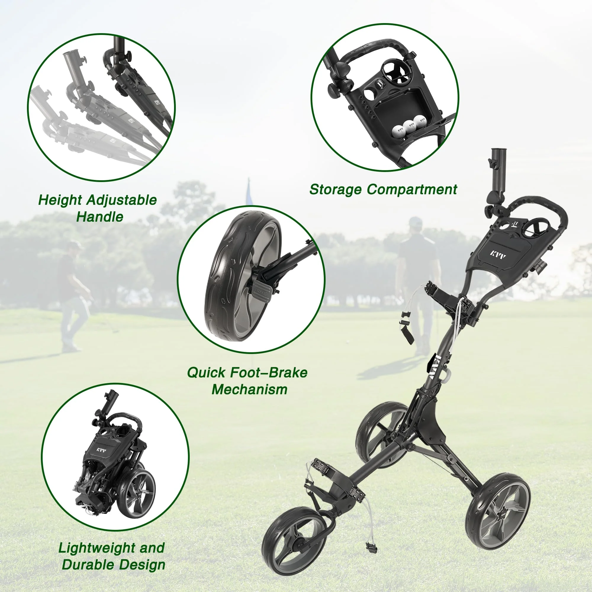 KVV 3-Wheel Foldable Golf Push Cart, Adjustable Handle, Lightweight Aluminum, Ball Bearing Wheels