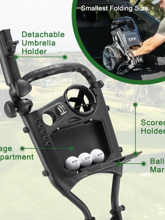 KVV 3-Wheel Foldable Golf Push Cart, Adjustable Handle, Lightweight Aluminum, Ball Bearing Wheels