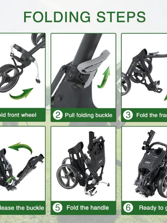 KVV 3-Wheel Foldable Golf Push Cart, Adjustable Handle, Lightweight Aluminum, Ball Bearing Wheels